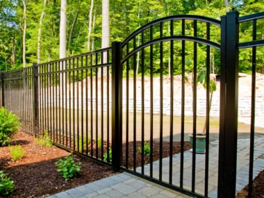 arched metal flat top picket fence gate