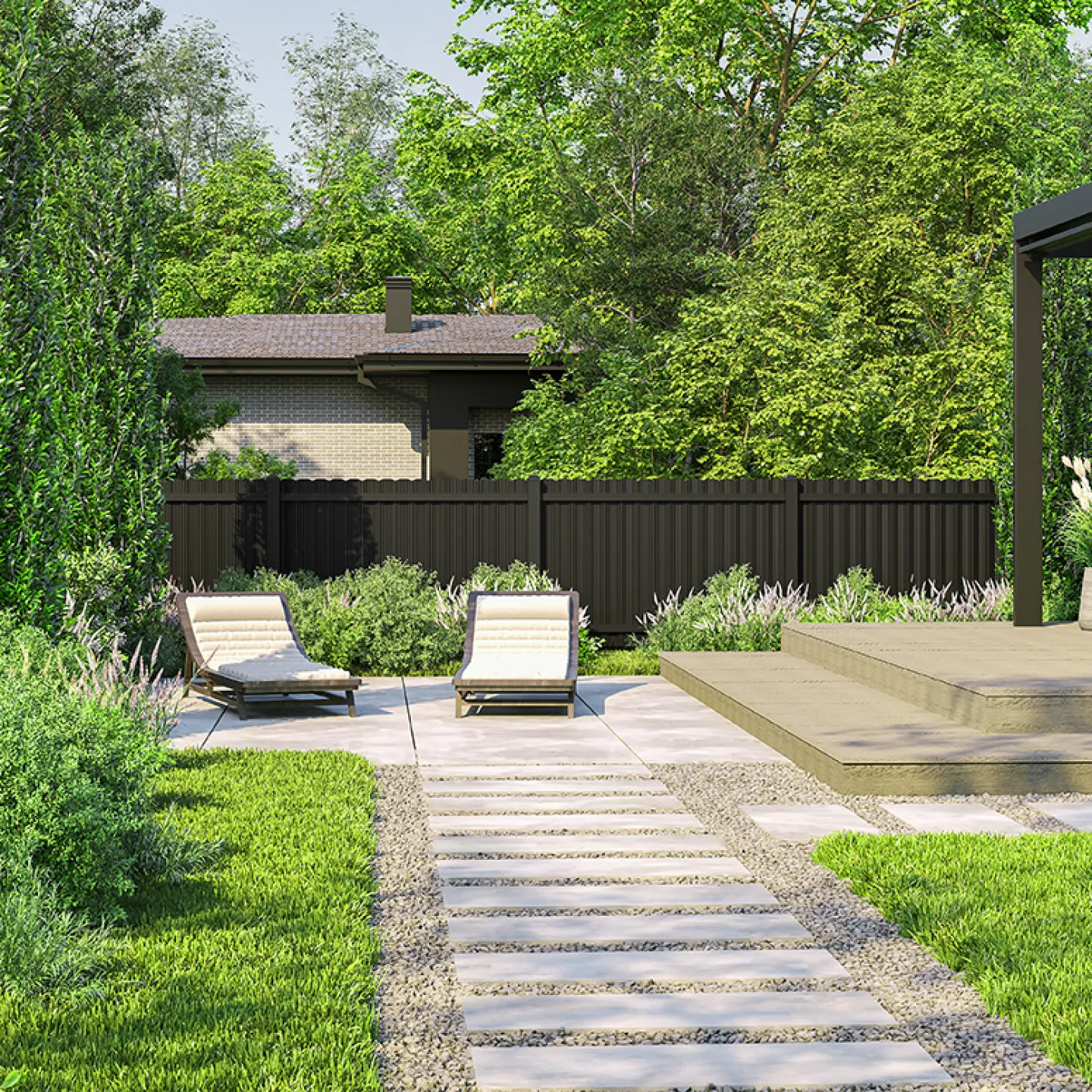 A patio with chairs in a fenced backyard