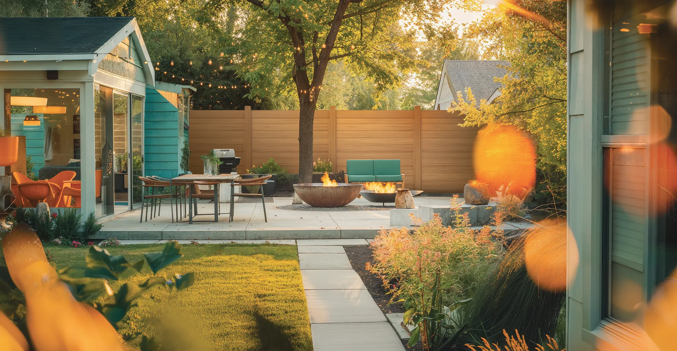 A beautiful backyard featuring a wooden privacy fence.