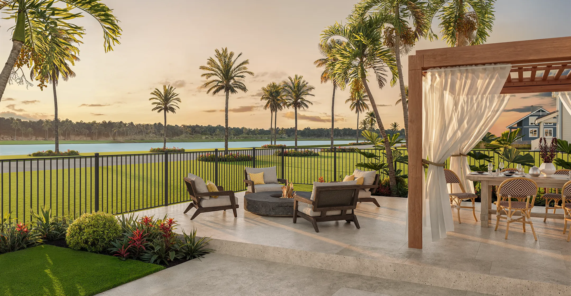 flat top picket fence around outdoor dining area and fire pit