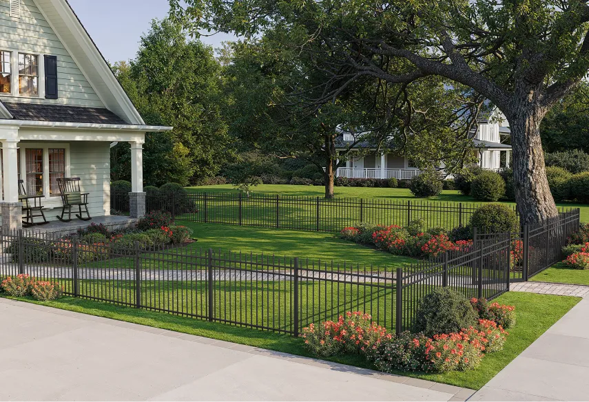 black spear top picket fence around front yard