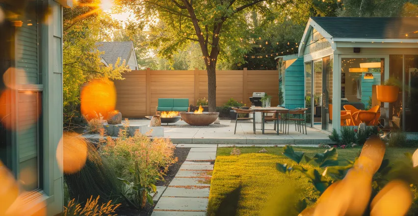 Backyard fire pit with vinyl privacy fence